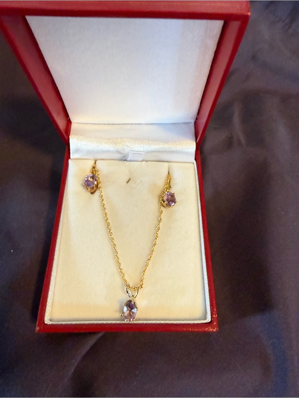 Gold-Tone Necklace and Clip Earring Set with Light Purple Gemstones